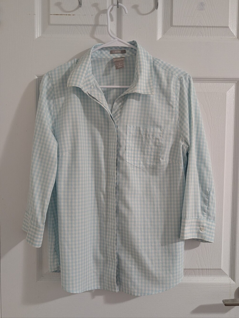 Chico's No Iron Blue White Gingham Plaid Cotton Button Down Shirt Blouse 0 S 4/6